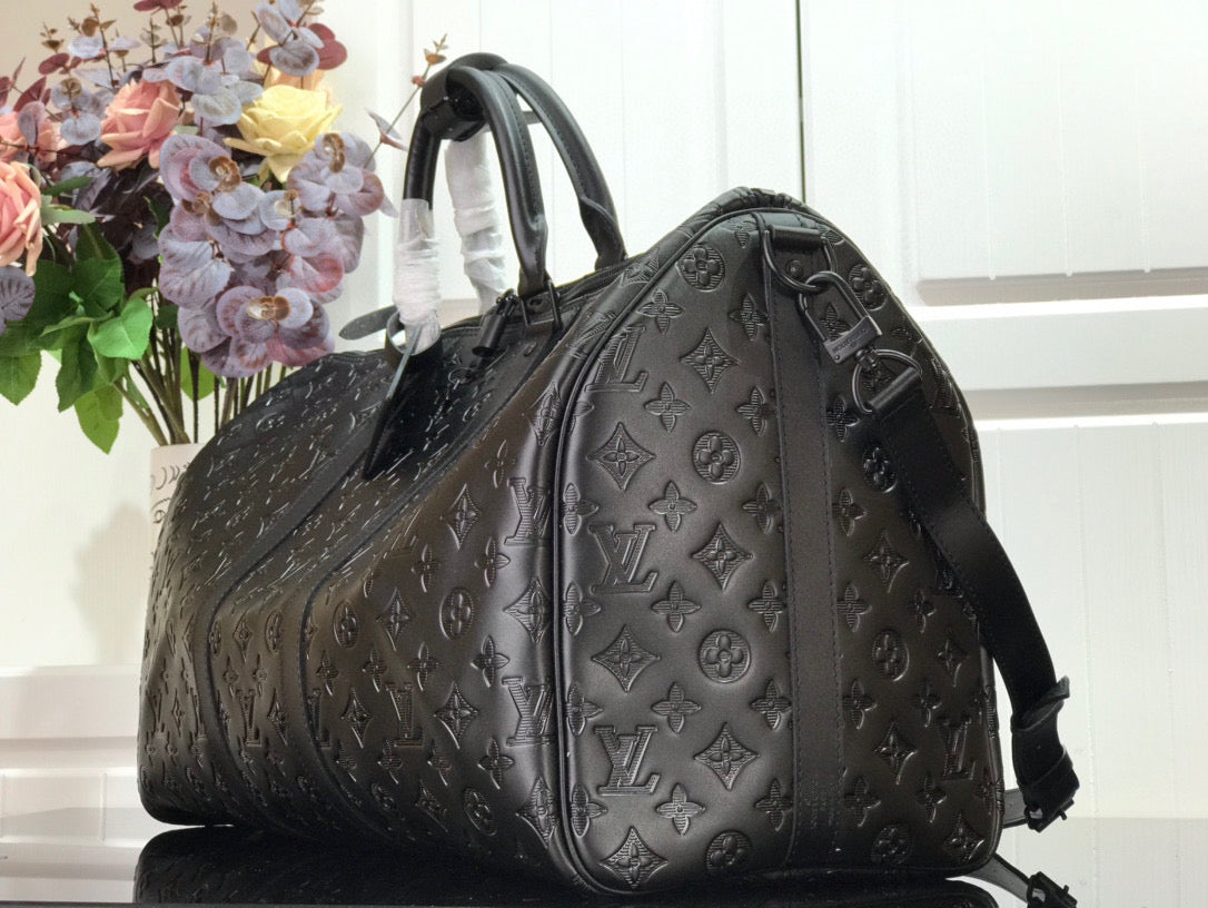 LV KEEPBALL 50 BLACK LEATHER TRAVEL BAG