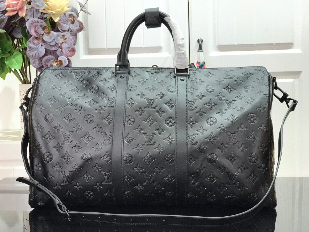 LV KEEPBALL 50 BLACK LEATHER TRAVEL BAG
